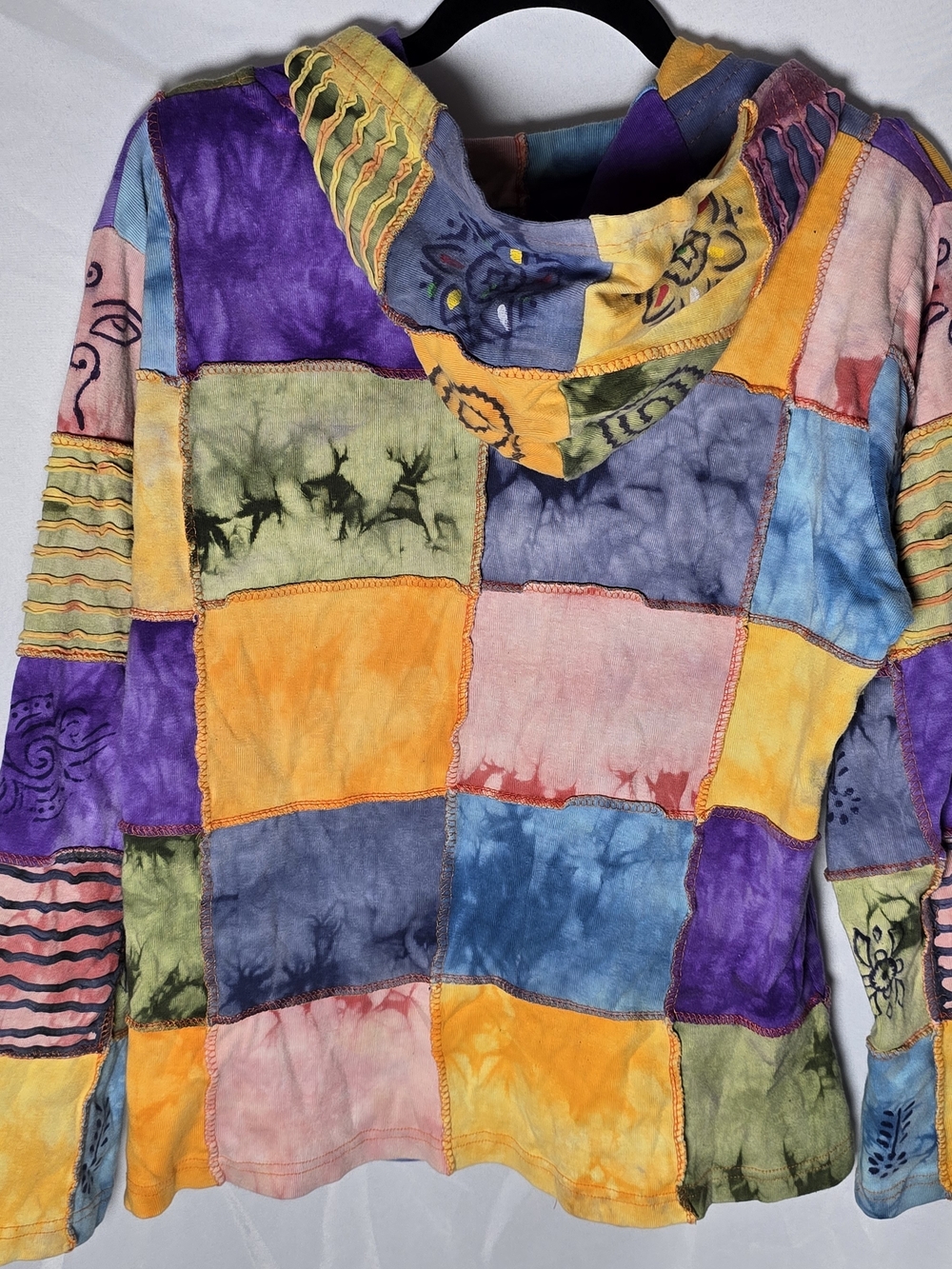 Rising International Patchwork Multicolor Hooded Jacket Boho Sun & Spiral Motif - Picture 6 of 7